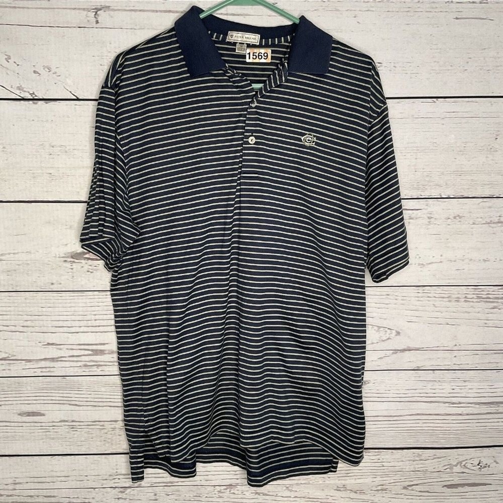Peter Millar Navy/Yellow Striped Logo Summer Comfort Polo Shirt Men M Korea